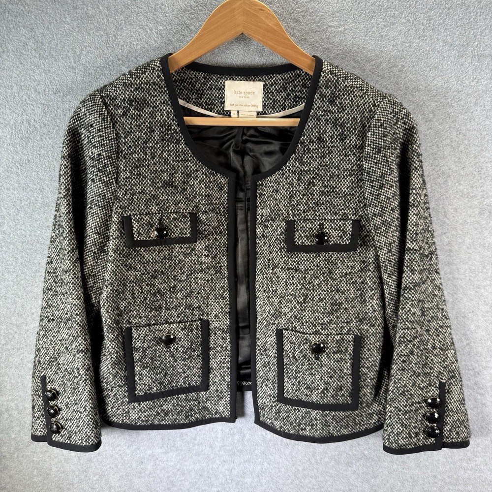 Kate Spade Ella Wool Tweed Cropped 3/4 Sleeve Jewel Preppy Blazer Suit Size 6 - Picture 2 of 14